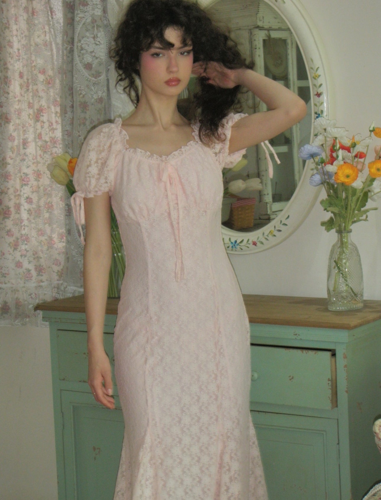 Pink Lace Midi Dress
