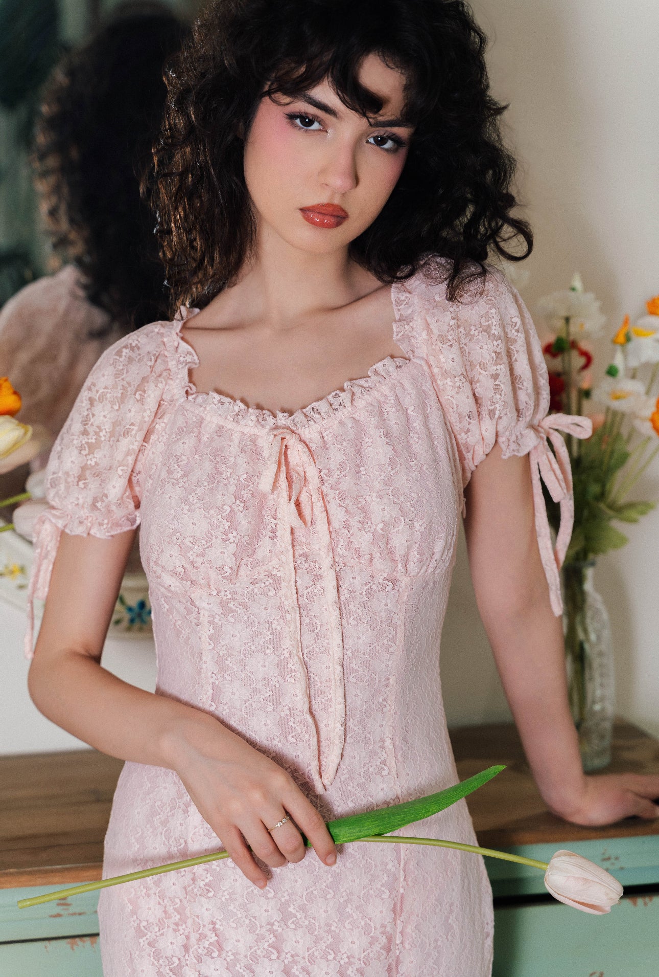 Pink Lace Midi Dress