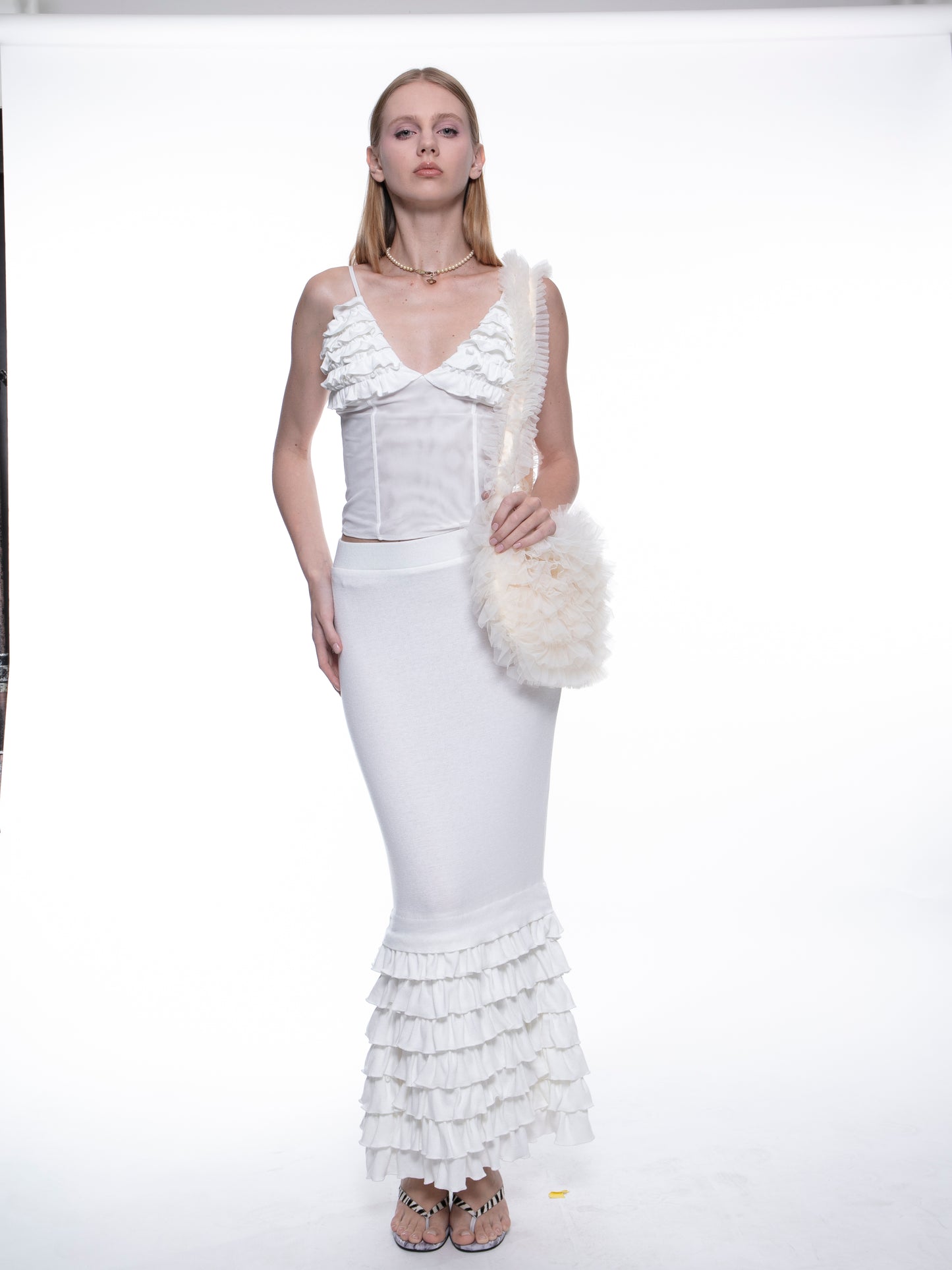 Cher ruffled fishtail stretch maxi skirt