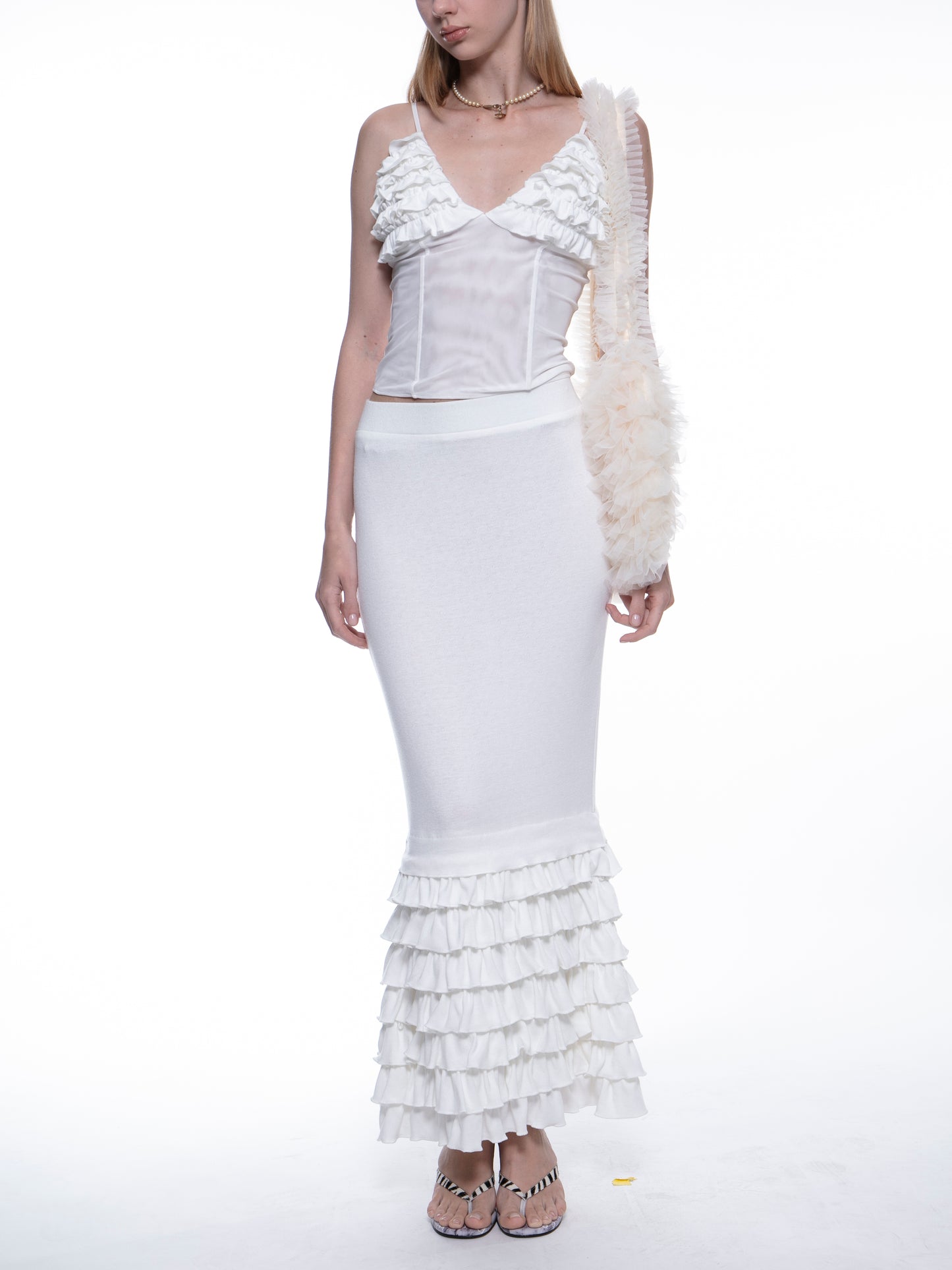 Cher ruffled fishtail stretch maxi skirt