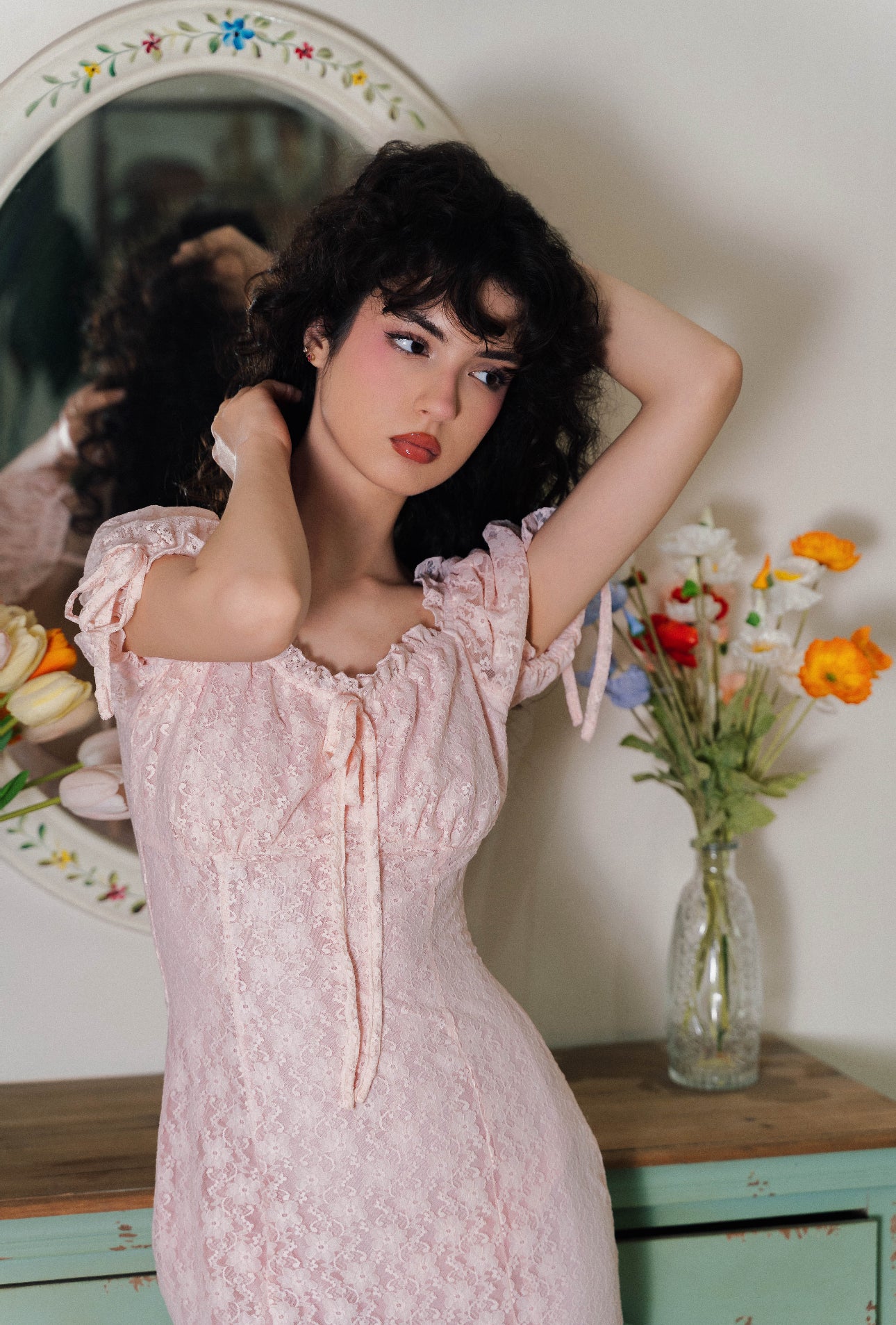Pink Lace Midi Dress
